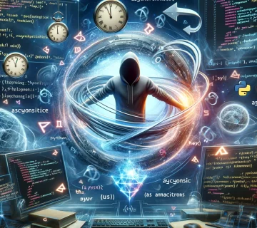 Futuristic programmer with asynchronous programming symbols, Python code with async and await in a digital workspace.